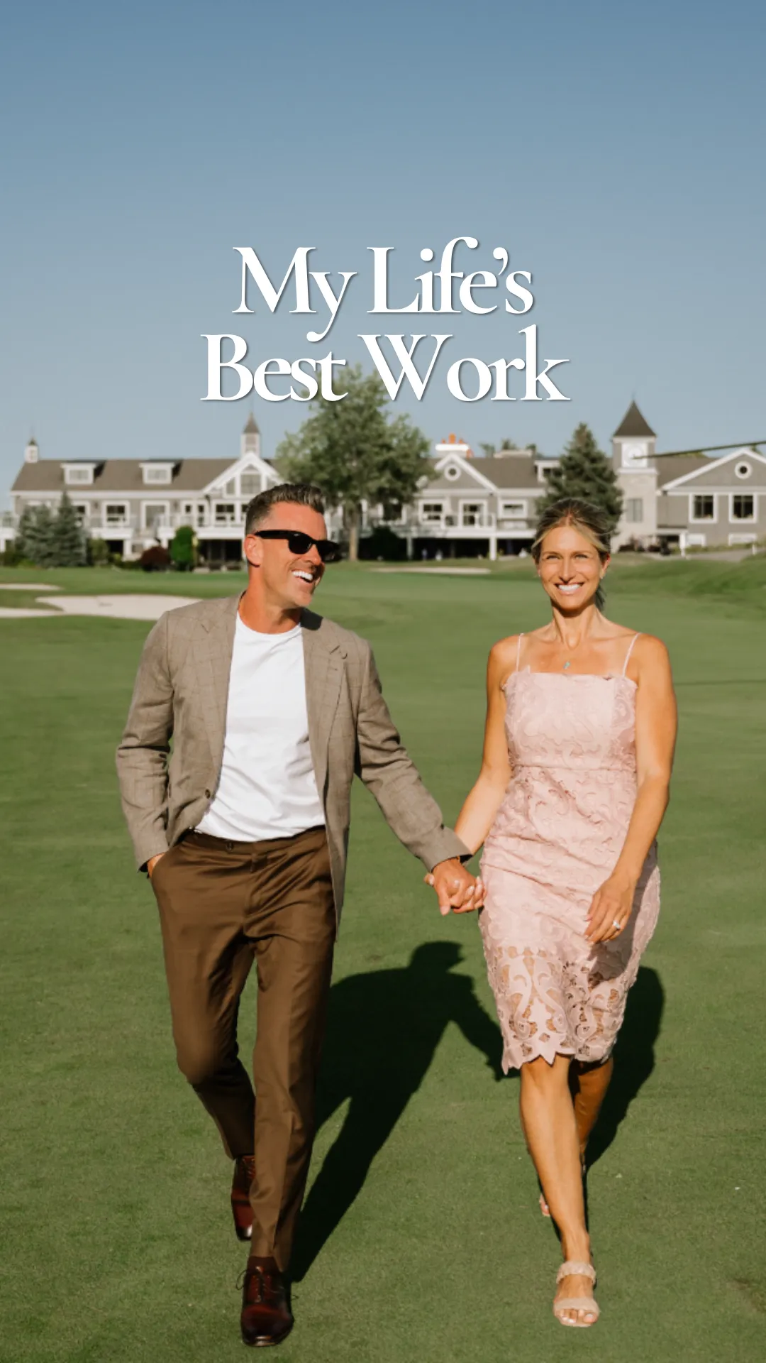 Jeff and Michelle walking away from a helicopter on the 18th green at Whistle Bear Golf Club.